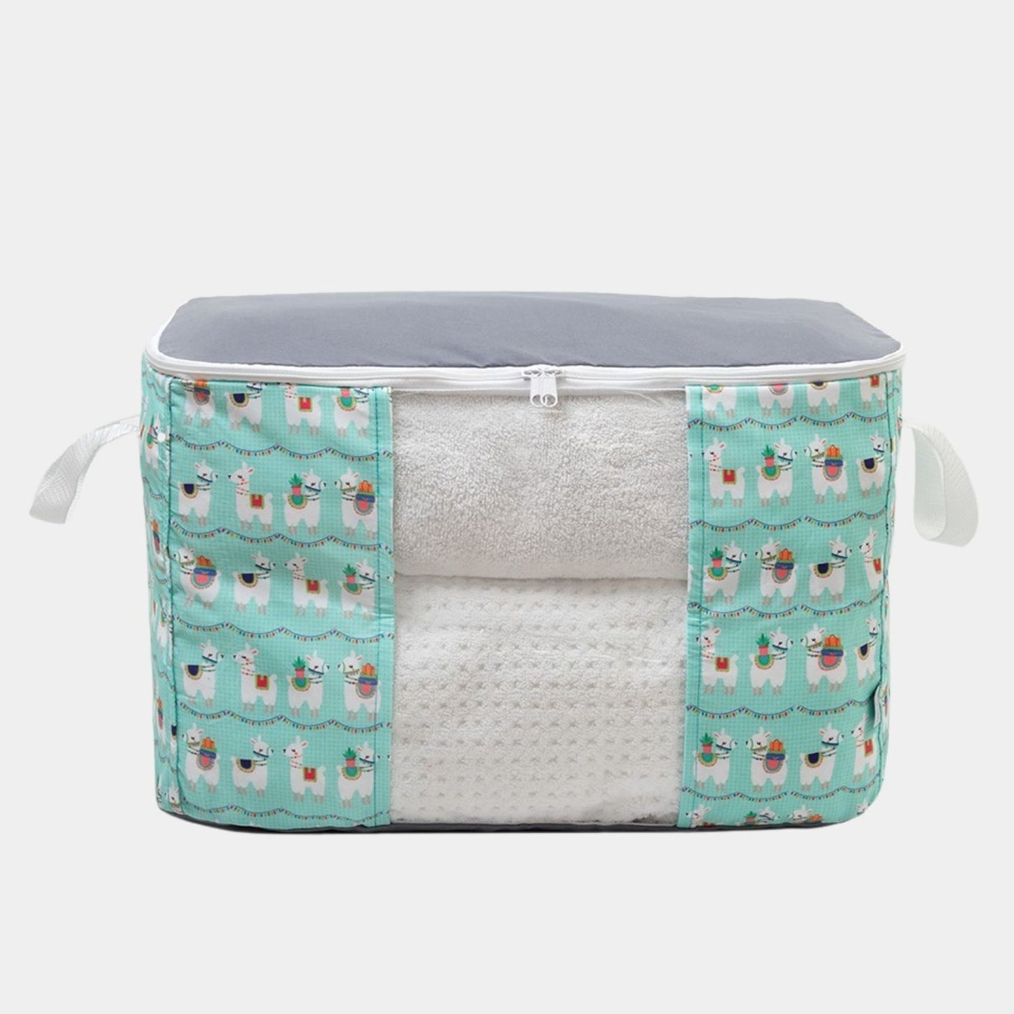 Caja Organizadora en print Llamas. Organiza la ropa de cama, toallas o ropa de tus hijos de la temporada pasada en cajas de tela que adornan tus ambientes.