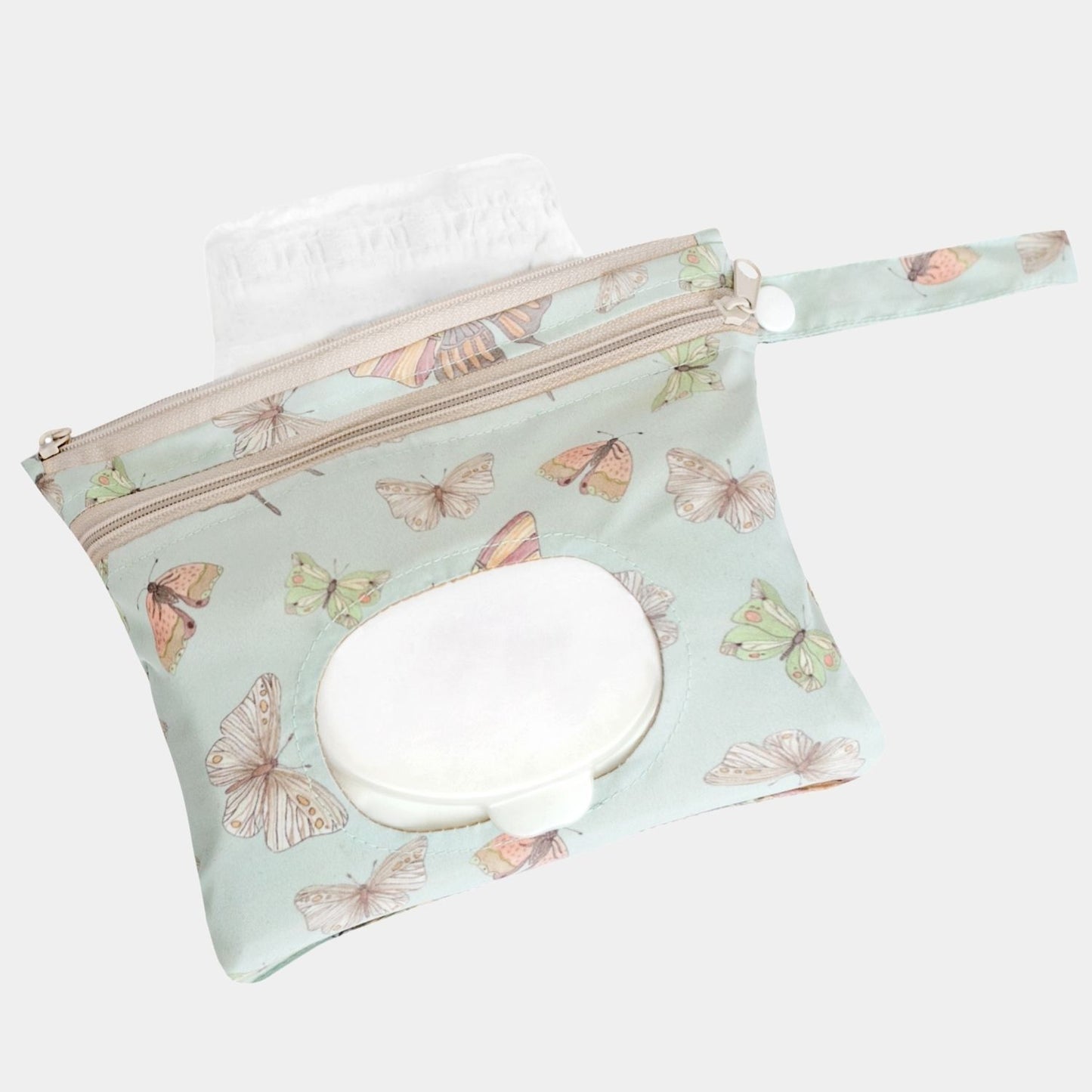 Neceser Express, en print Mariposas, ideal para el cambio de pañal. Compartimiento central almacena 3 a 4 pañales, malla para accesorios y compartimiento especial con acceso directo a los wipes.