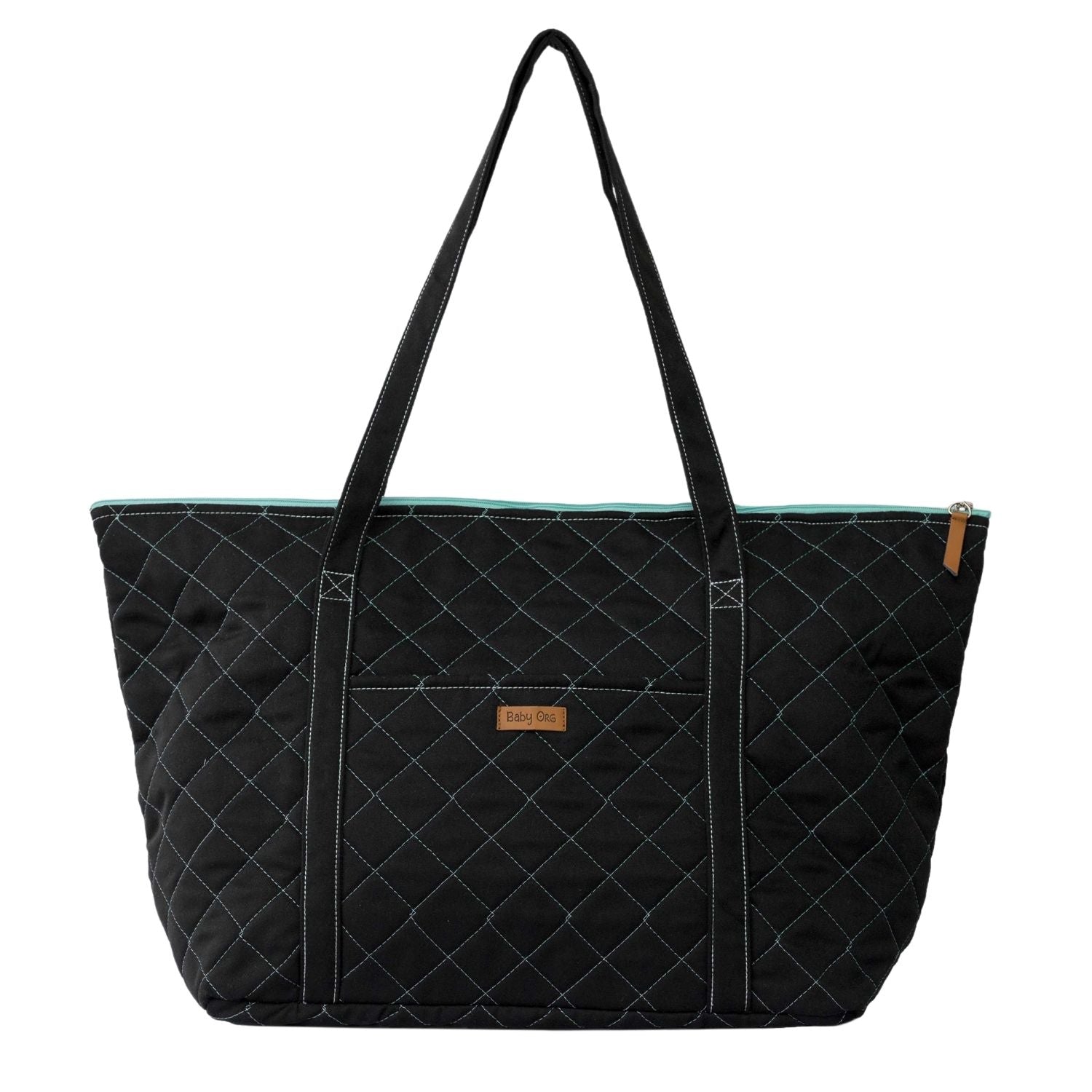 Mom Bag en color Negro con interior Turquesa. Amplio y versátil bolso para utilizar como pañalera, maletín de fin de semana o como bolso de mano para viajes.