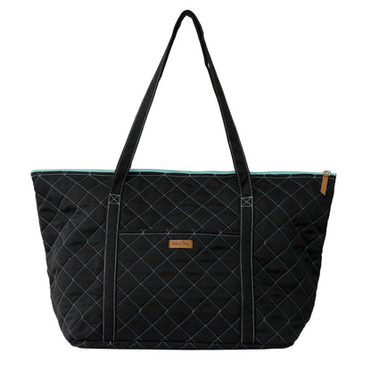 Mom Bag en color Negro con interior Turquesa. Amplio y versátil bolso para utilizar como pañalera, maletín de fin de semana o como bolso de mano para viajes.