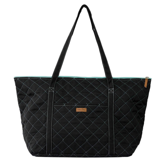 Mom Bag en color Negro con interior Turquesa. Amplio y versátil bolso para utilizar como pañalera, maletín de fin de semana o como bolso de mano para viajes.