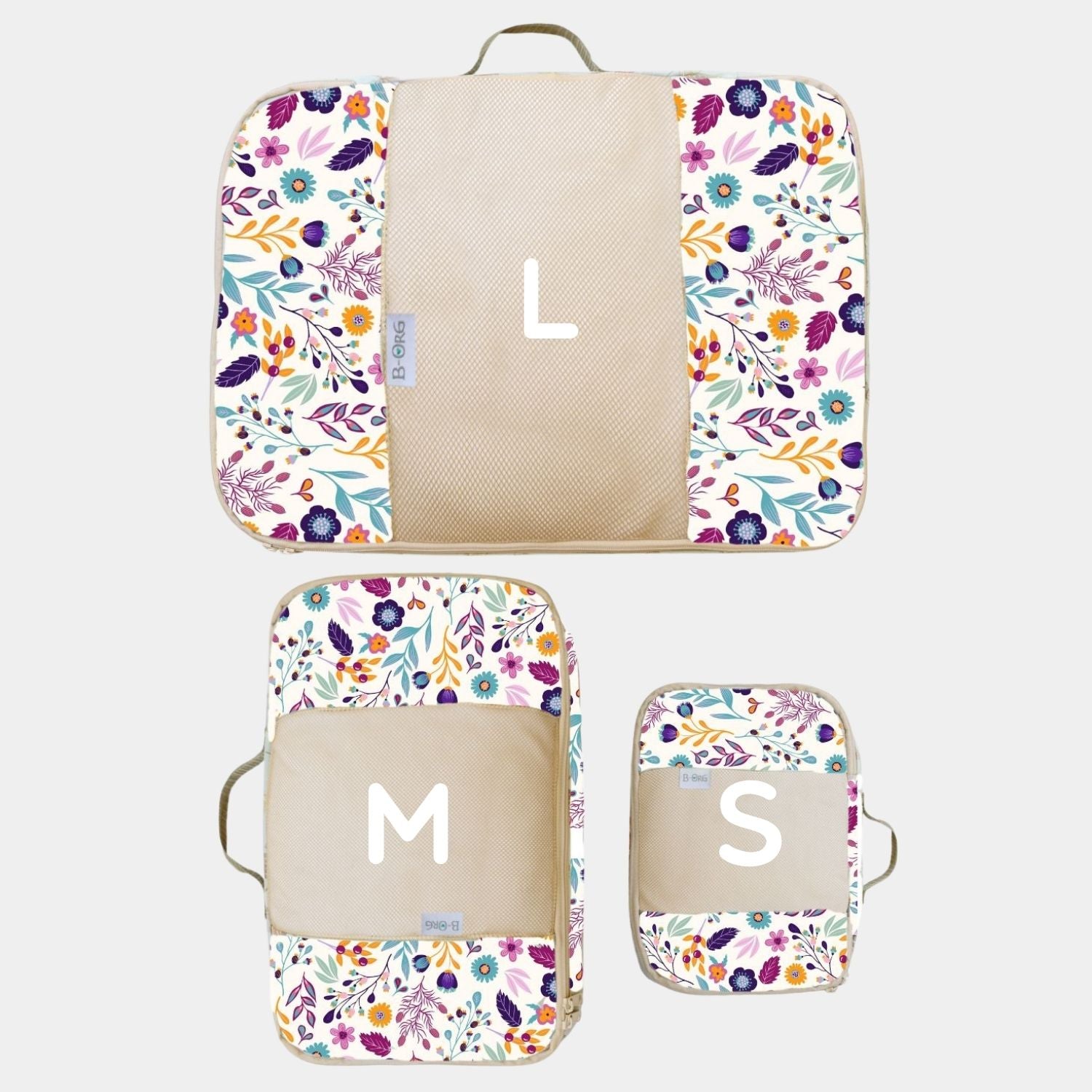 Transporta o guarda la ropa perfectamente doblada y ordenada en la maleta o en tu clóset. Ahorra espacio y tiempo en empacar/desempacar. Organizadores de Ropa en print Flores Beige.