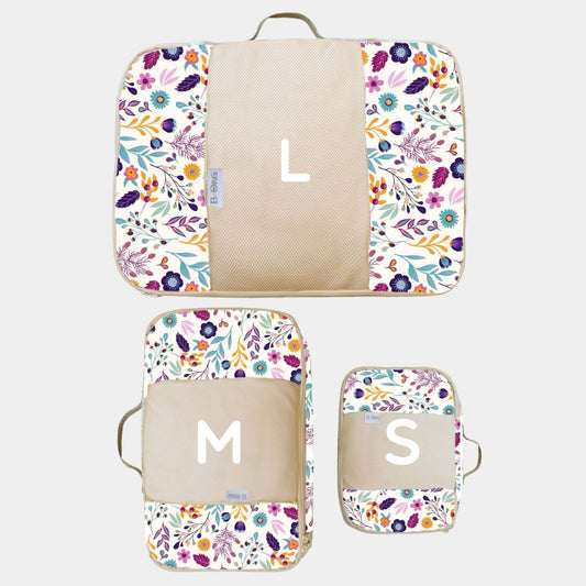 Transporta o guarda la ropa perfectamente doblada y ordenada en la maleta o en tu clóset. Ahorra espacio y tiempo en empacar/desempacar. Organizadores de Ropa en print Flores Beige.